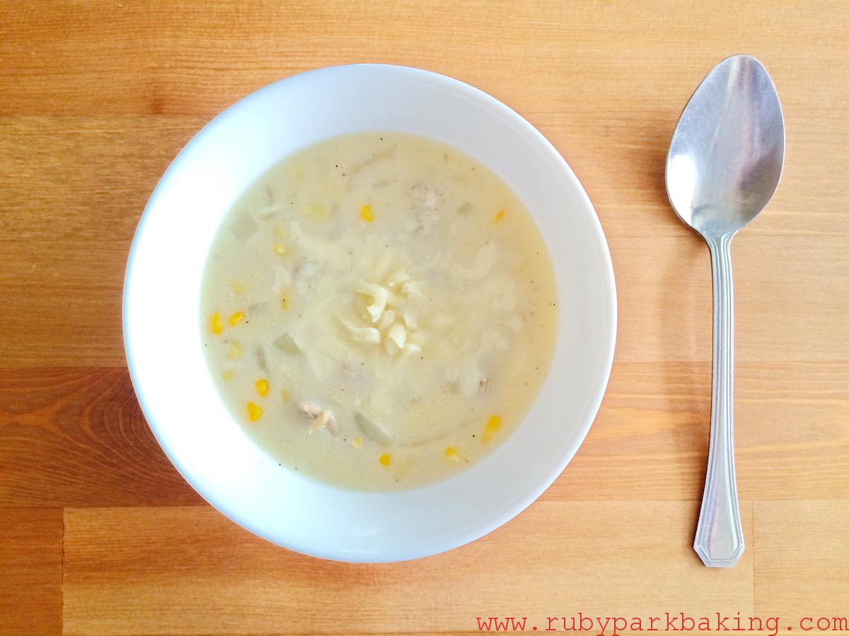 Chicken corn cream chowder on rubyparkbaking.com